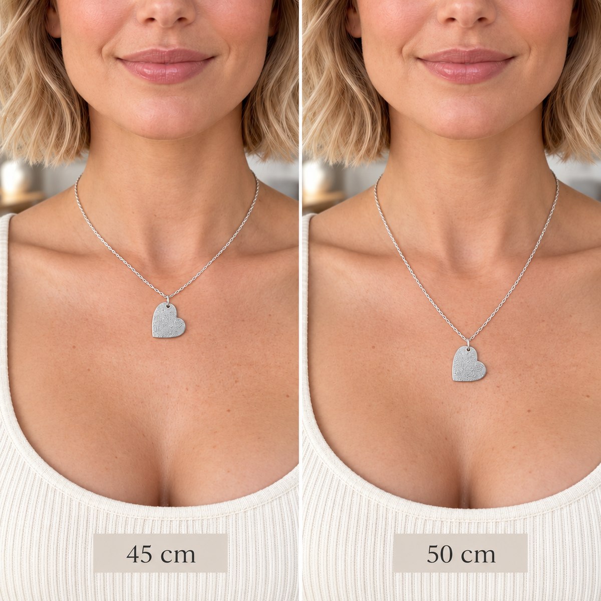 Őrzött Hang szív medálos ezüst nyaklánc 45 és 50 cm-es lánchosszal, modellen bemutatva a két méret közötti különbséget.